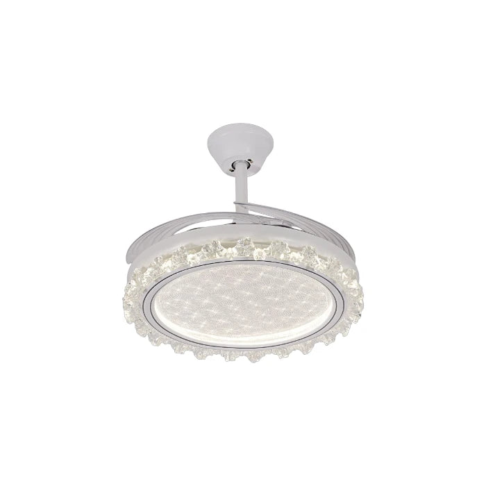 Qulik 48-inch white ceiling fan featuring a round crystal-embellished LED chandelier fixture and folded invisible blades.