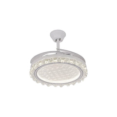 Qulik 48-inch white ceiling fan featuring a round crystal-embellished LED chandelier fixture and folded invisible blades.