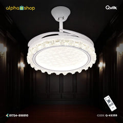 Qulik 48-inch white ceiling fan featuring a round crystal-rimmed LED chandelier fixture and retractable blades with remote control.