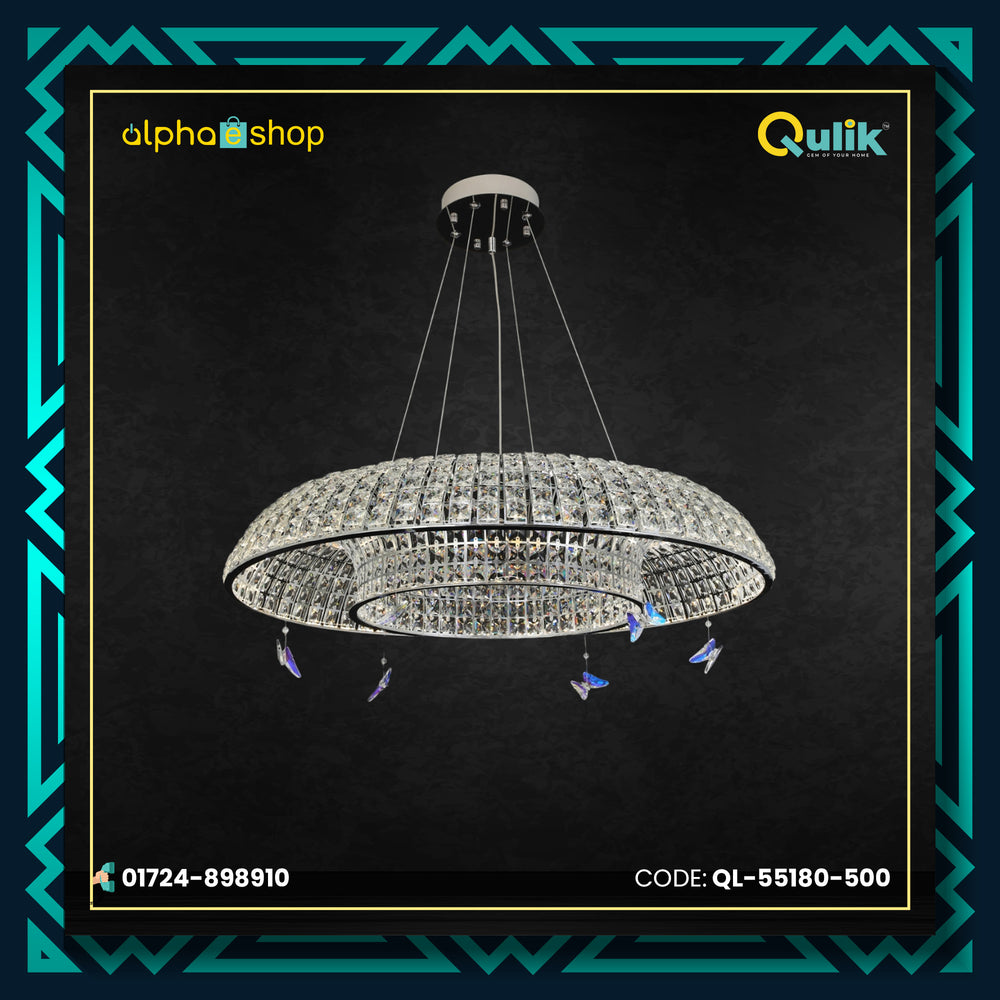 Qulik Allure circle crystal chandelier with layered crystal rings, silver finish and decorative butterfly accents.
