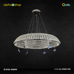 Qulik Allure circle crystal chandelier with layered crystal rings, silver finish and decorative butterfly accents.