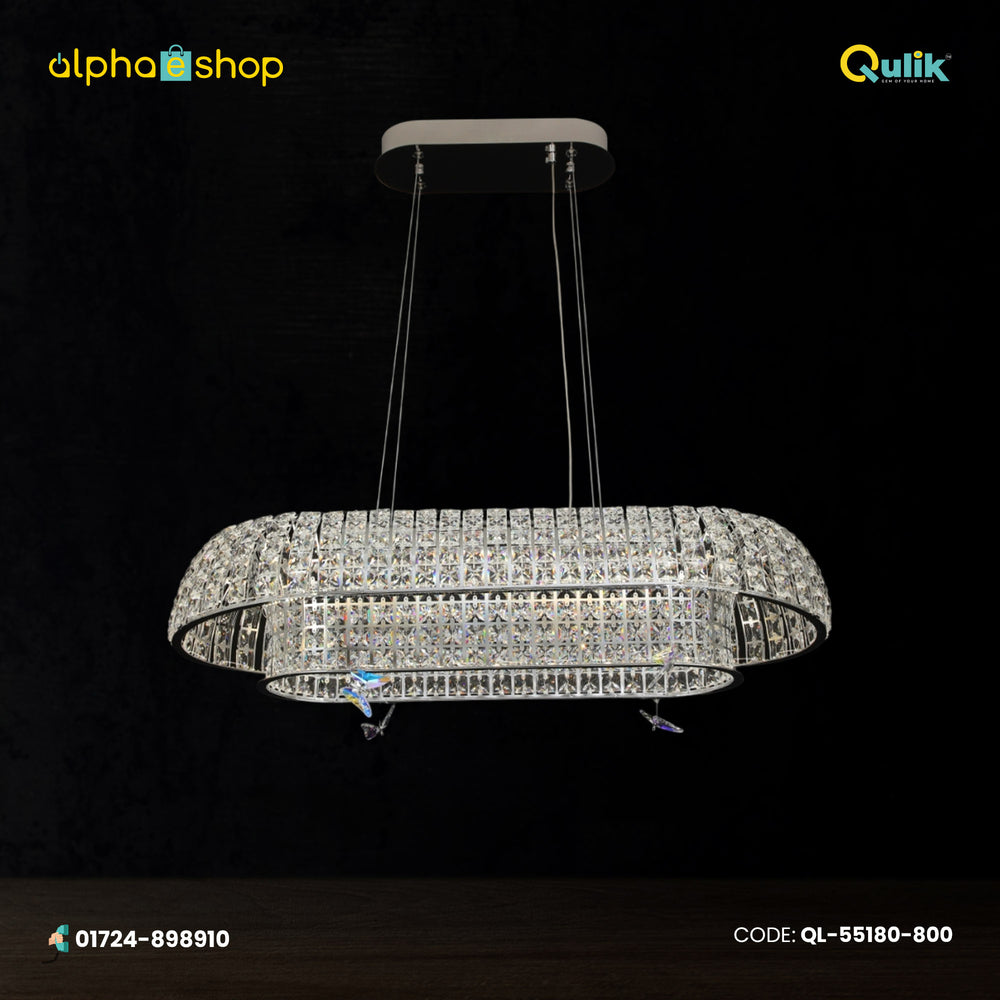 Qulik Allure crystal chandelier with layered oval crystal frame, silver finish and suspended pendant design.