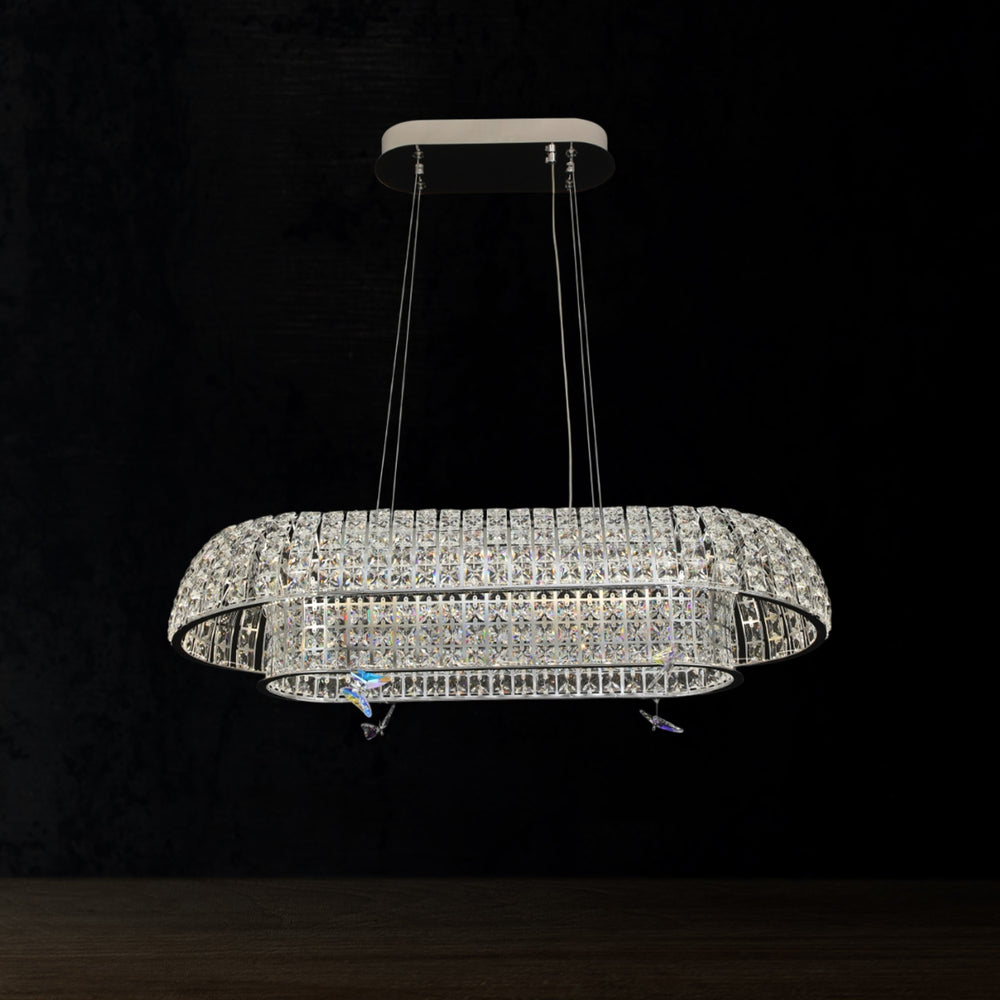Qulik Allure crystal chandelier with layered oval crystal frame, silver finish and suspended pendant design.