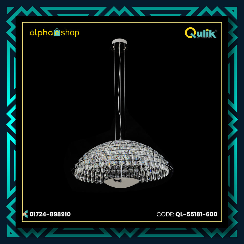 Qulik Allure crystal chandelier with dome-shaped layered crystal pendants, silver finish and suspended hanging design.