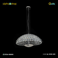 Qulik Allure crystal chandelier with dome-shaped layered crystal pendants, silver finish and suspended hanging design.
