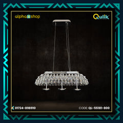 Qulik Allure crystal chandelier with silver finish, layered crystal pendants and suspended linear hanging design.
