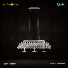 Qulik Allure crystal chandelier with silver finish, layered crystal pendants and suspended linear hanging design.