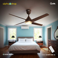 Qulik Alpha Edge 53" dark wood BLDC ceiling fan from Q-6576-DW-UL_364f5d69-8b12-465c-b1fa-5034cb0c1f7f.jpg, with 4 blades, illuminated underlight, and remote.