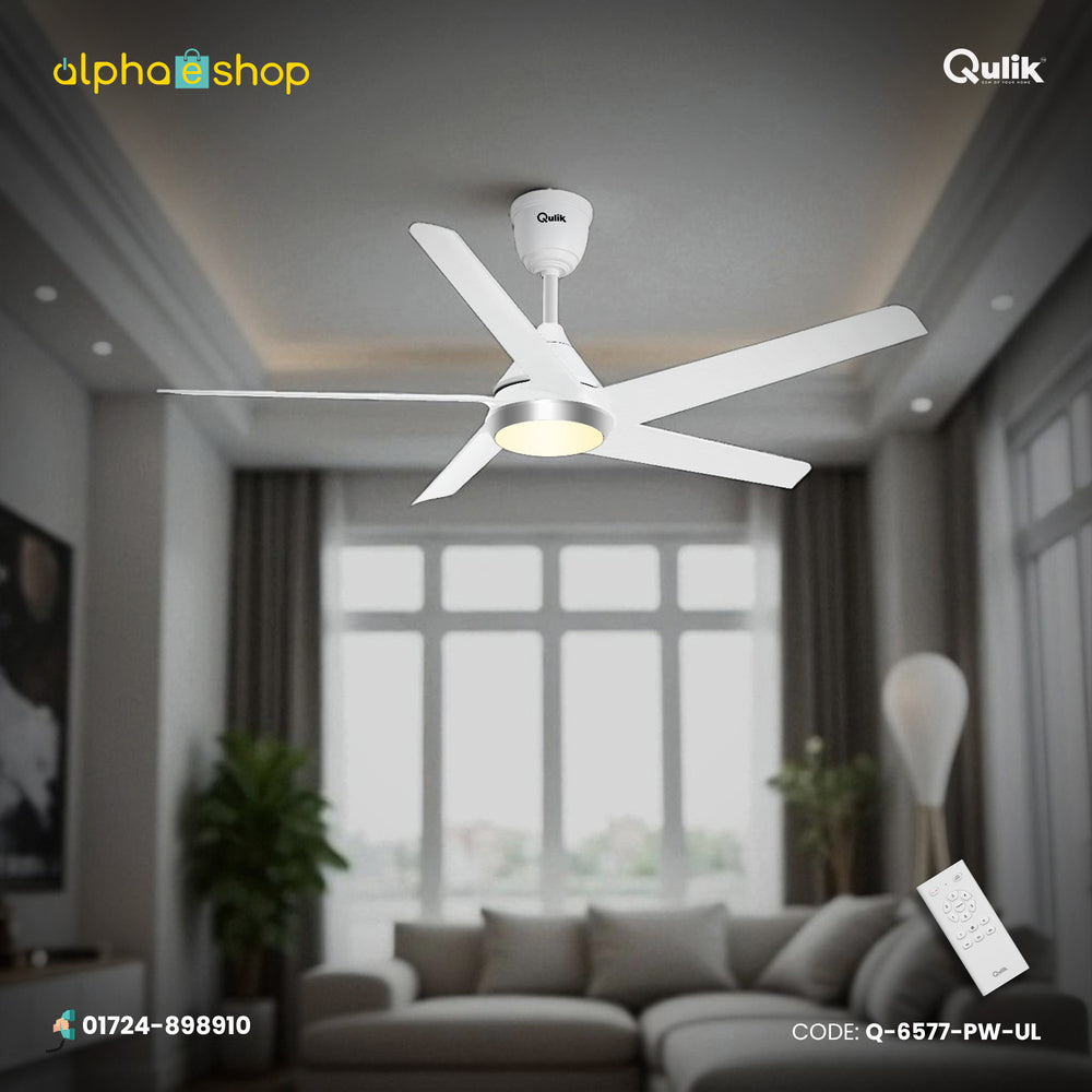 Qulik Alpha Edge 5B 53" energy saving BLDC remote control underlight ceiling fan in Parle White (Q-6577-PW-UL).
