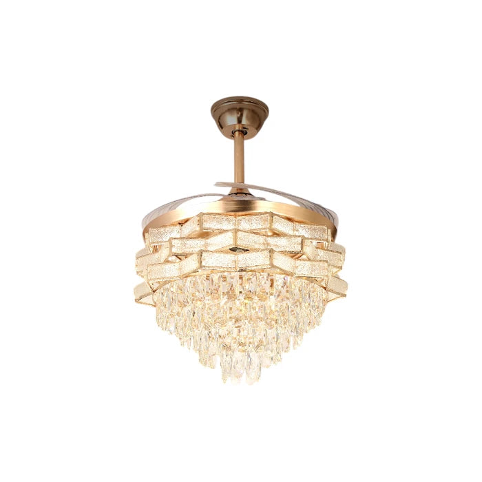 Qulik 48" crystal chandelier retractable invisible blade remote ceiling fan with 3 color change LED in Golden (Q-K6323).