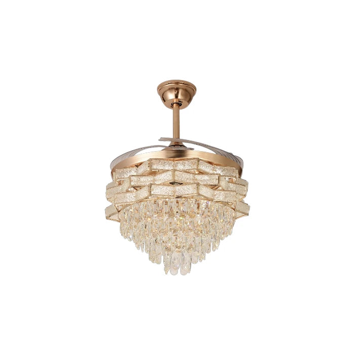 Qulik 48" crystal chandelier retractable invisible blade remote ceiling fan with 3 color change LED in Golden (Q-K6323).
