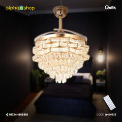 Qulik 48" crystal chandelier retractable invisible blade remote ceiling fan with 3 color change LED in Golden (Q-K6323).