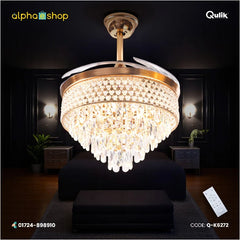 Qulik 48" Crystal Chandelier Retractable Invisible Blade Silent 3 Color Change LED Remote Ceiling Fan (Golden) | Q-K6272