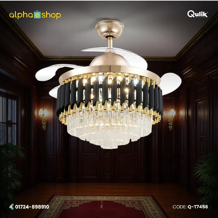 Qulik 48" crystal chandelier retractable invisible blade remote ceiling fan with 3 color change LED in Golden (Q-T7456).