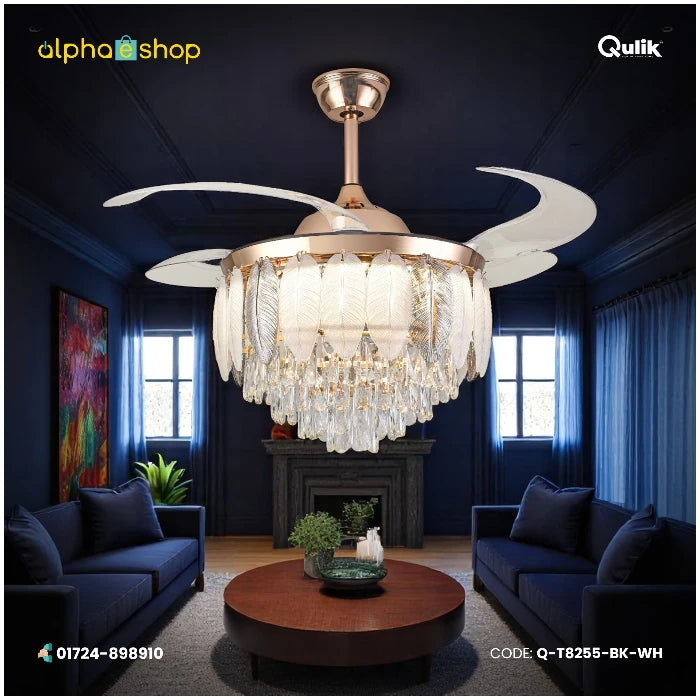 Qulik 48" crystal chandelier retractable invisible blade remote ceiling fan with 3 color change LED in Golden (Q-T8255-BK-WH).