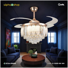 Qulik 48" crystal chandelier retractable invisible blade remote ceiling fan with 3 color change LED in Golden (Q-T8255-BK-WH).