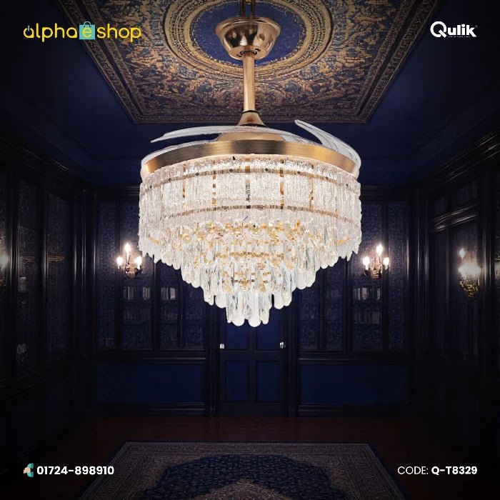 Qulik 48" crystal chandelier retractable invisible blade remote ceiling fan with 3 color change LED in Golden (Q-T8329).