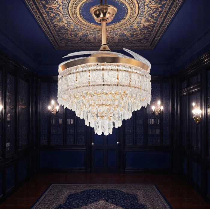Qulik 48" crystal chandelier retractable invisible blade remote ceiling fan with 3 color change LED in Golden (Q-T8329).