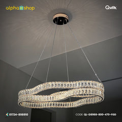 Qulik French Gold crystal LED chandelier with double-ring wave design, clear faceted crystals and suspended ceiling mount.