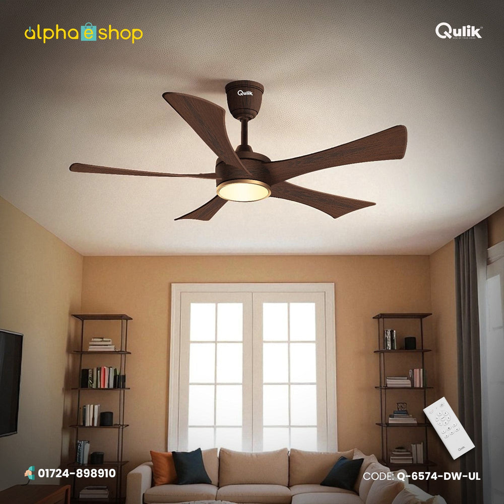 Qulik Falcon 53" dark wood BLDC ceiling fan with built-in underlight, 5 textured blades, and white remote control in a room setting.