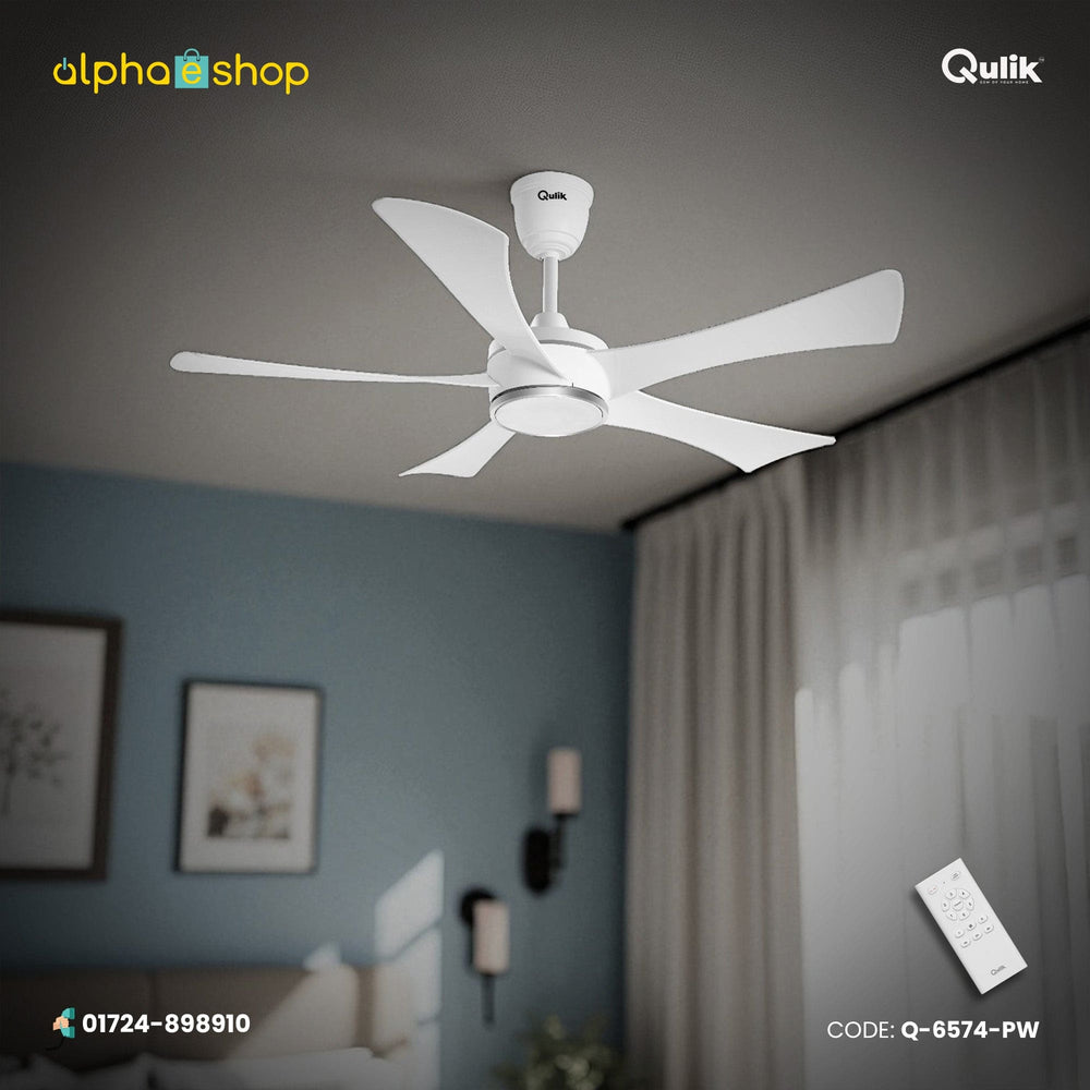 Qulik Falcon 53" pearl white BLDC ceiling fan featuring an integrated underlight, 5 curved white blades, and a white remote control.