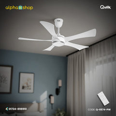 Qulik Falcon 53" pearl white BLDC ceiling fan featuring an integrated underlight, 5 curved white blades, and a white remote control.