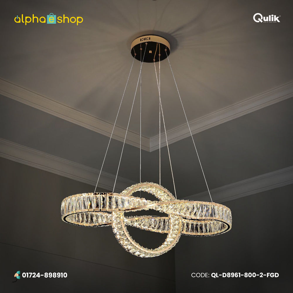 Qulik crystal chandelier in French Gold with interlocking ring design, clear faceted crystals and suspended ceiling mount.