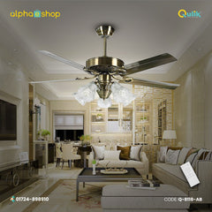 Qulik Luxoria UL 52" glass flower lampshade underlight ceiling fan with copper motor and remote control (Q-8118-AB).
