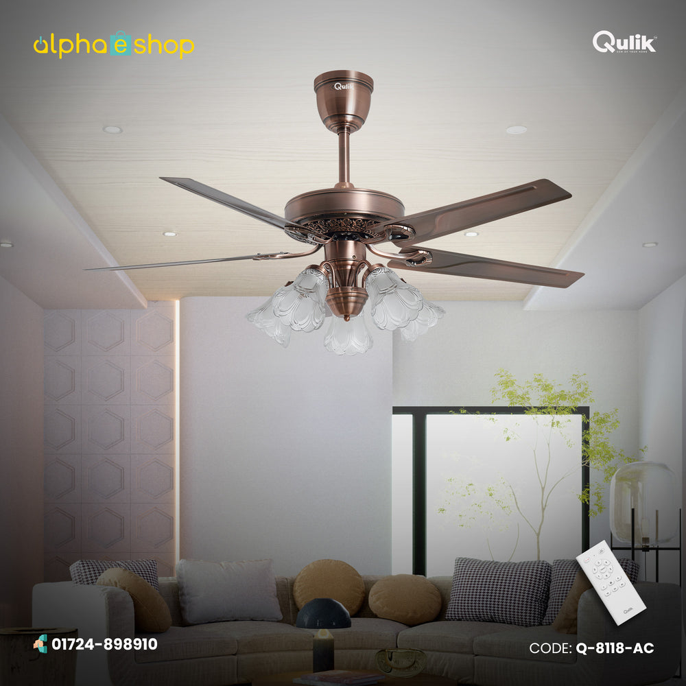 Qulik Luxoria 52" underlight ceiling fan from Q-8118-AC_f1_7bbdfcca-f702-4d06-a448-28f28f1a6c55 (1).jpg in antique copper with 5 blades and remote.