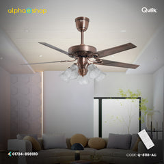 Qulik Luxoria 52" underlight ceiling fan from Q-8118-AC_f1_7bbdfcca-f702-4d06-a448-28f28f1a6c55 (1).jpg in antique copper with 5 blades and remote.