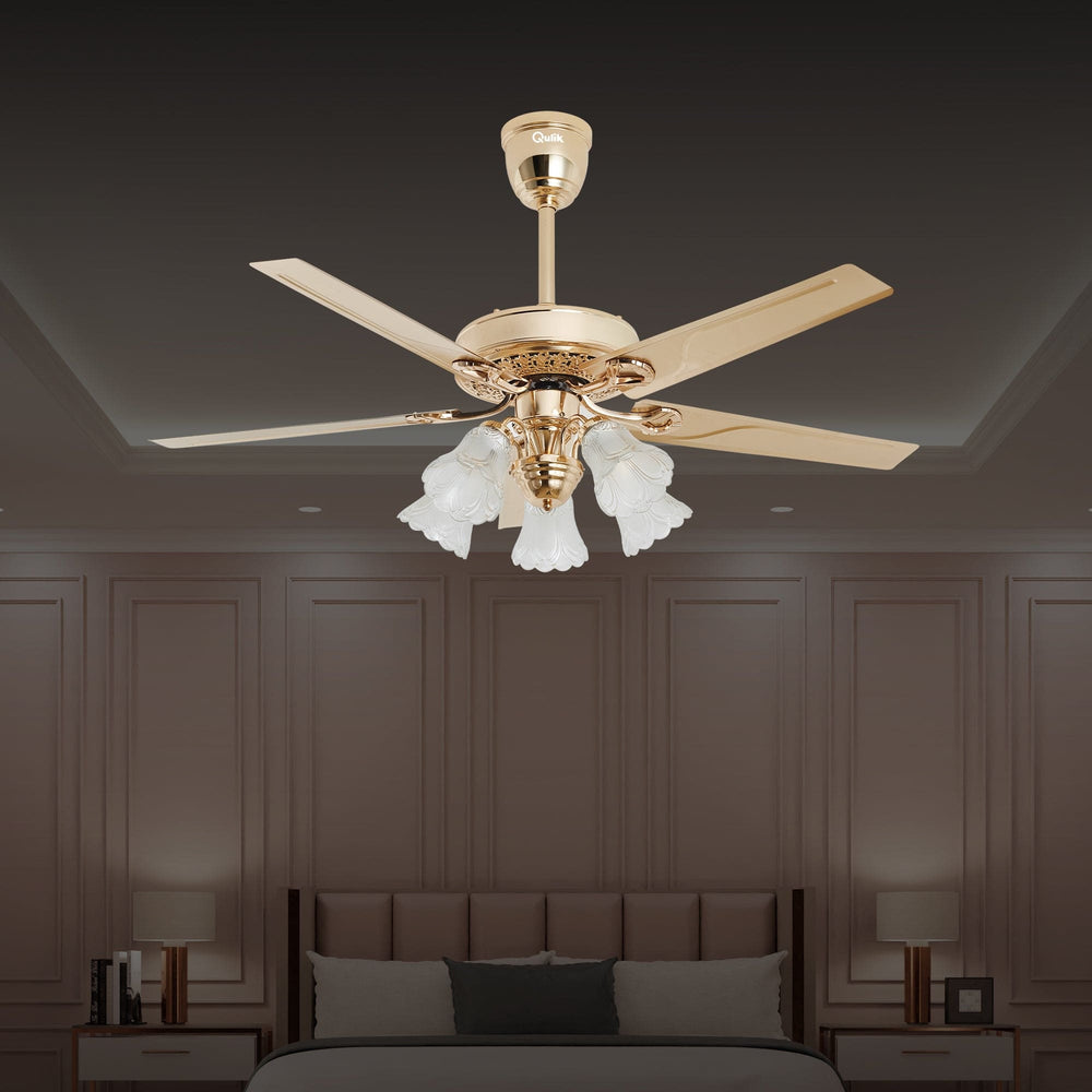 Qulik Luxoria 52" underlight ceiling fan in gold finish featuring 5 blades and glass flower lampshades.