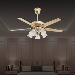 Qulik Luxoria 52" underlight ceiling fan in gold finish featuring 5 blades and glass flower lampshades.