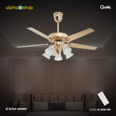 Qulik Luxoria 52" underlight ceiling fan in gold finish featuring 5 blades, glass flower lampshades, and a white remote control.