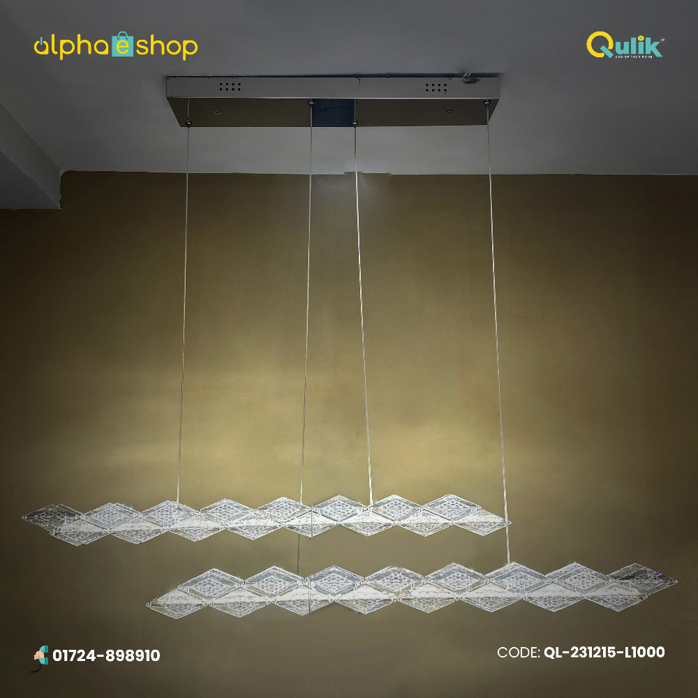 Qulik 2-layer LED ceiling light with suspended geometric crystal-style panels and linear decorative design, model QL-231215-L1000.