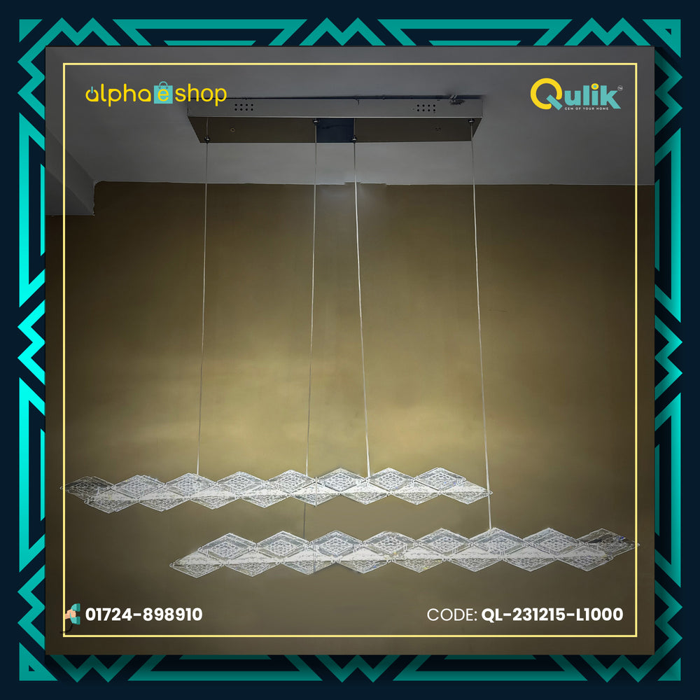 Qulik 2-layer LED ceiling light with suspended geometric crystal-style panels and linear decorative design, model QL-231215-L1000.