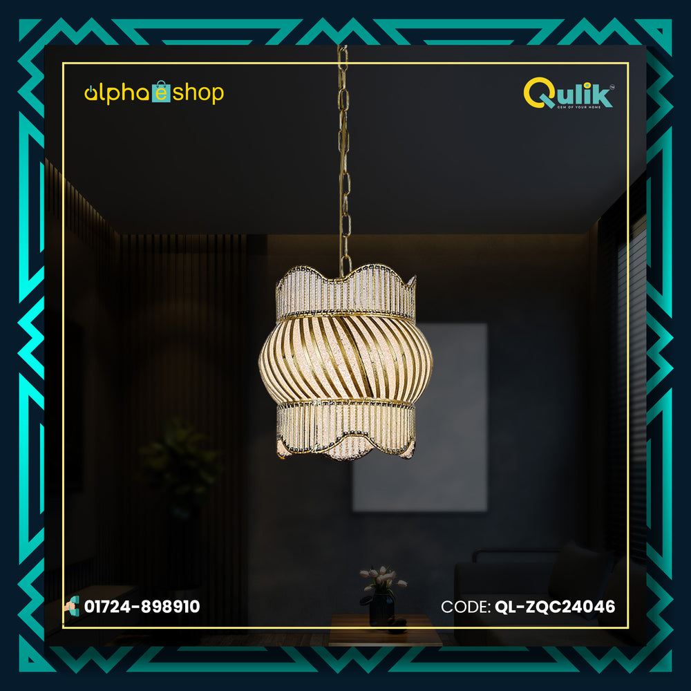 Qulik modern chandelier hanging light with ribbed glass shade, gold-tone frame and decorative chain suspension.