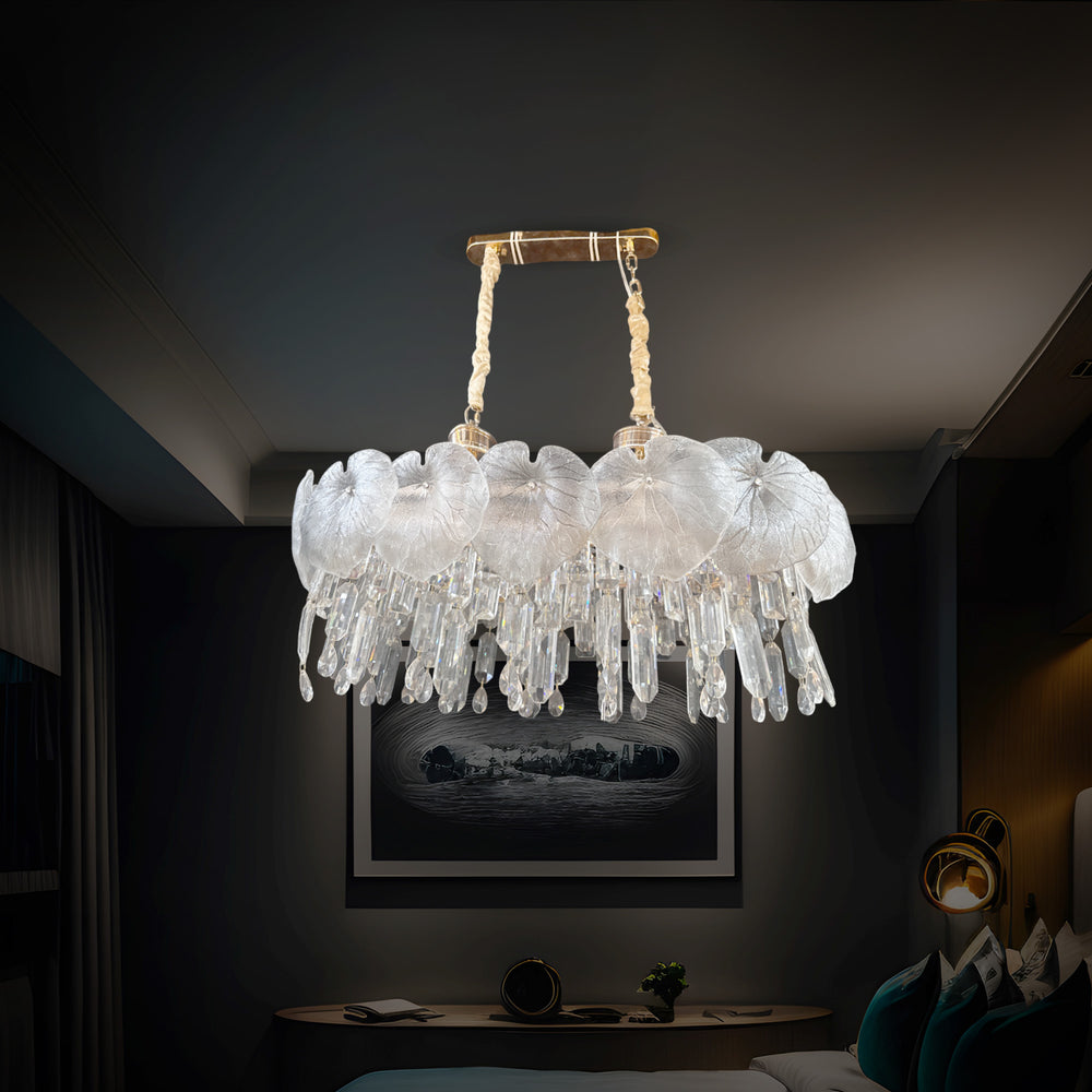 Qulik luxury chandelier with clear crystal shades, cascading crystal drops and adjustable hanging length, model QL-55107-800-350.