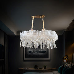 Qulik luxury chandelier with clear crystal shades, cascading crystal drops and adjustable hanging length, model QL-55107-800-350.