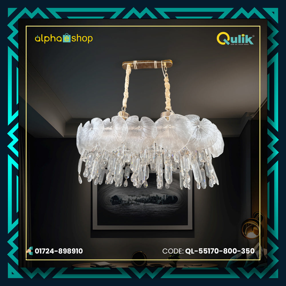 Qulik luxury crystal chandelier with clear leaf-style shades, cascading crystal drops and adjustable hanging length, model QL-55170-800-350.