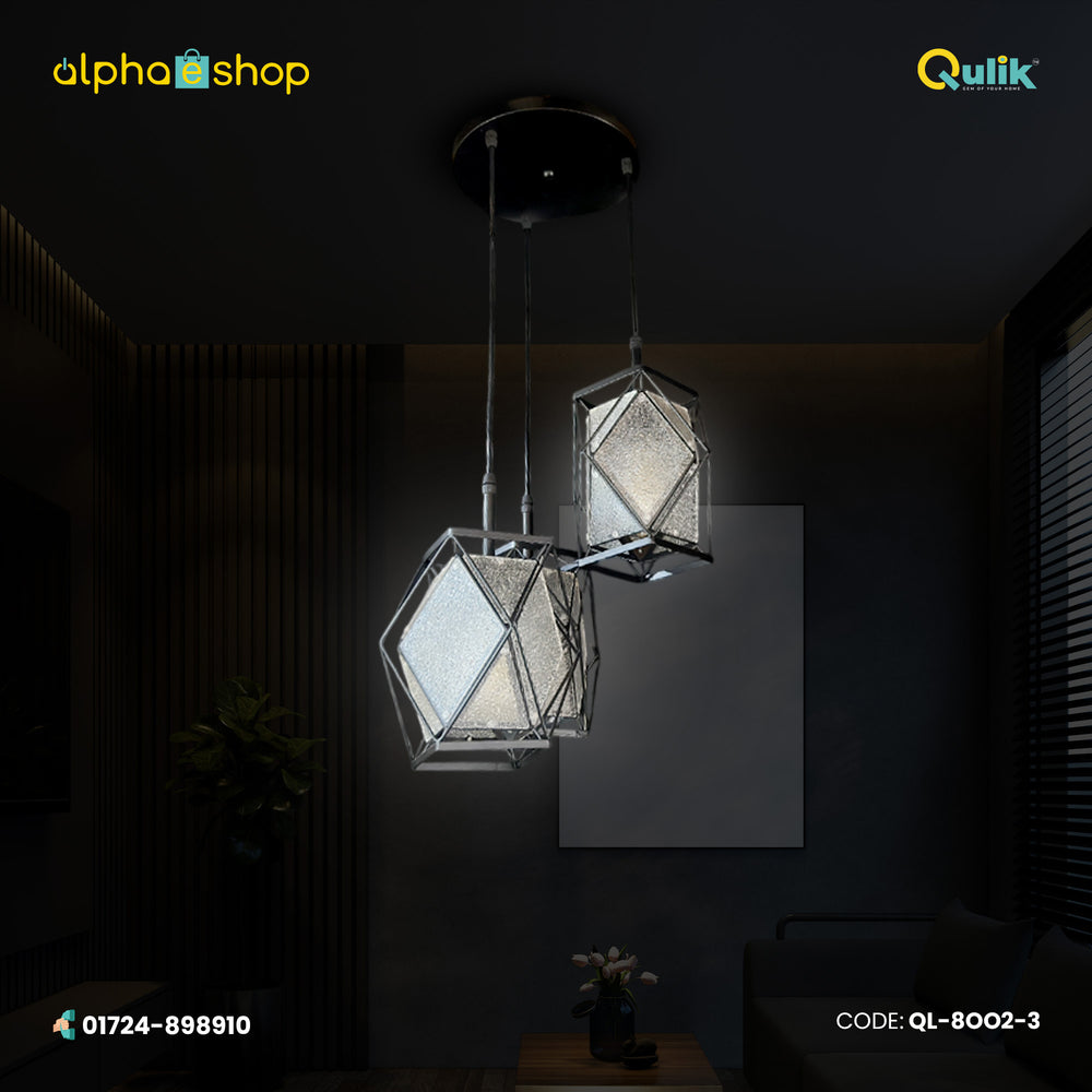Qulik Modern Prism Glow 3-light pendant with geometric prism frames and textured glass shades, model QL-8002-3.