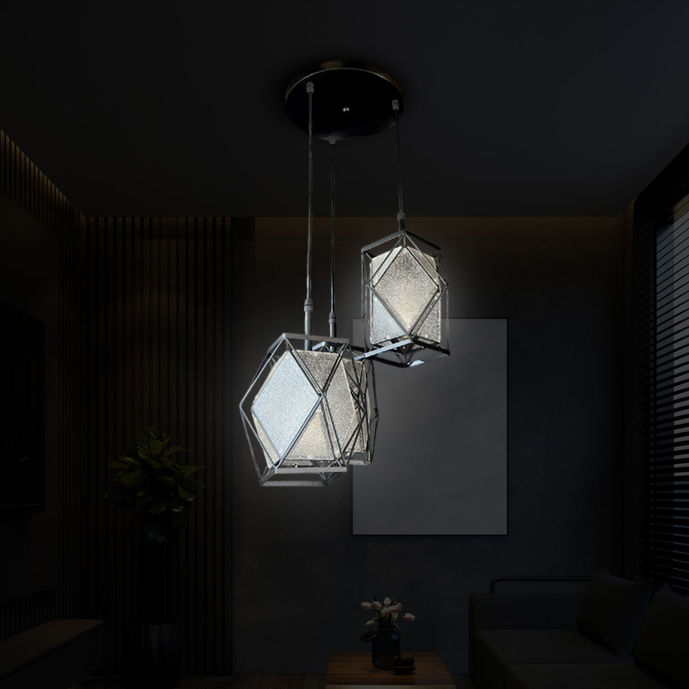 Qulik Modern Prism Glow 3-light pendant with geometric metal frames and textured glass shades in warm and white light, model QL-8002-3.