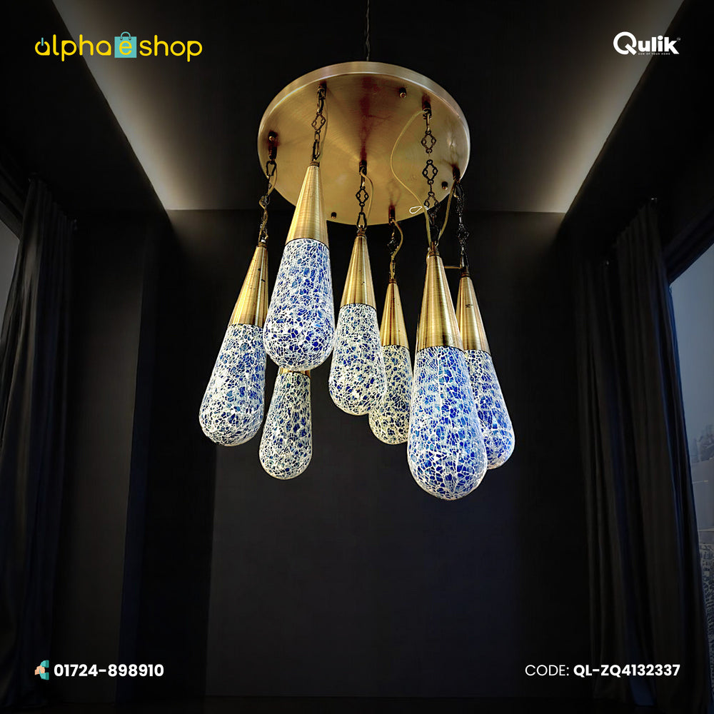 Qulik Modern Radiant Charm 3 Color hanging light with multiple blue-white mosaic shades and gold ceiling mount, model QL-ZQ4132337.