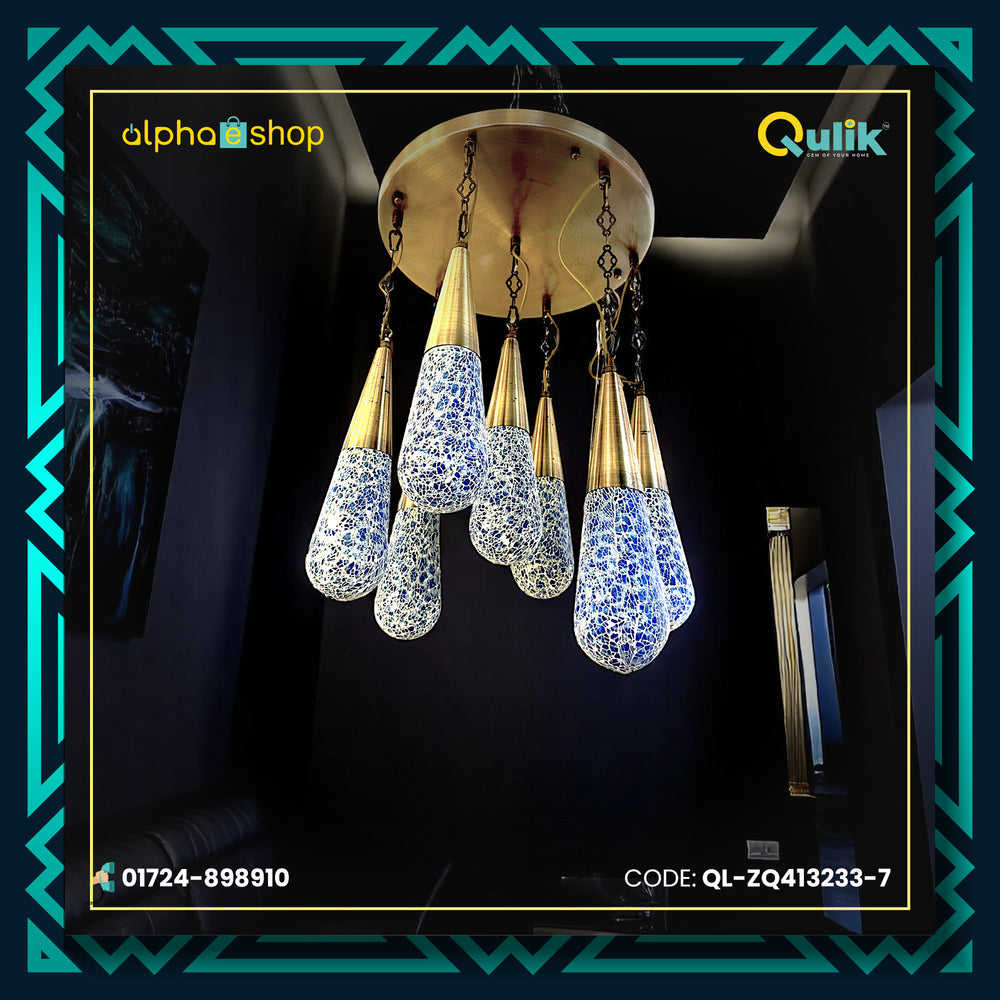 Qulik Radiant Charm 7-light hanging fixture with blue-white mosaic teardrop shades and gold ceiling mount, model QL-ZQ4132337.