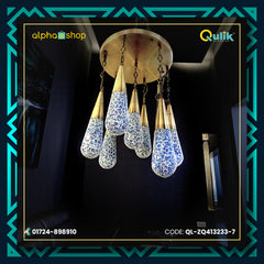 Qulik Radiant Charm 7-light hanging fixture with blue-white mosaic teardrop shades and gold ceiling mount, model QL-ZQ4132337.