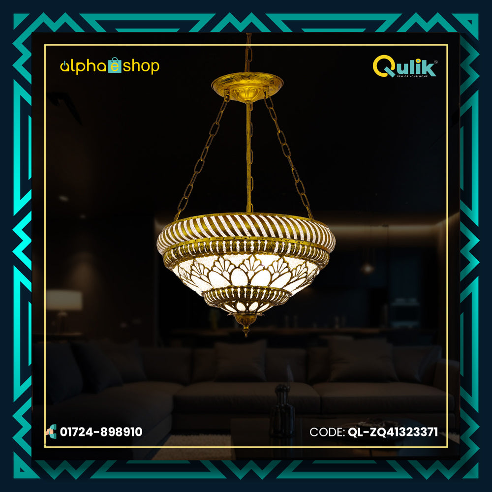 Qulik traditional chandelier hanging light with ornate gold-tone frame, decorative glass shade and chain suspension.