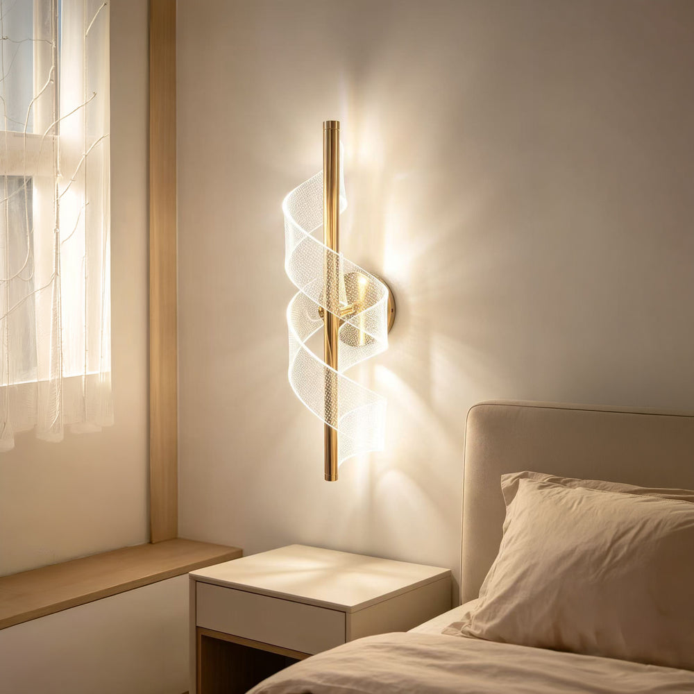 Qulik modern wall light with gold vertical rod and illuminated twisted ribbon design for decorative indoor lighting.