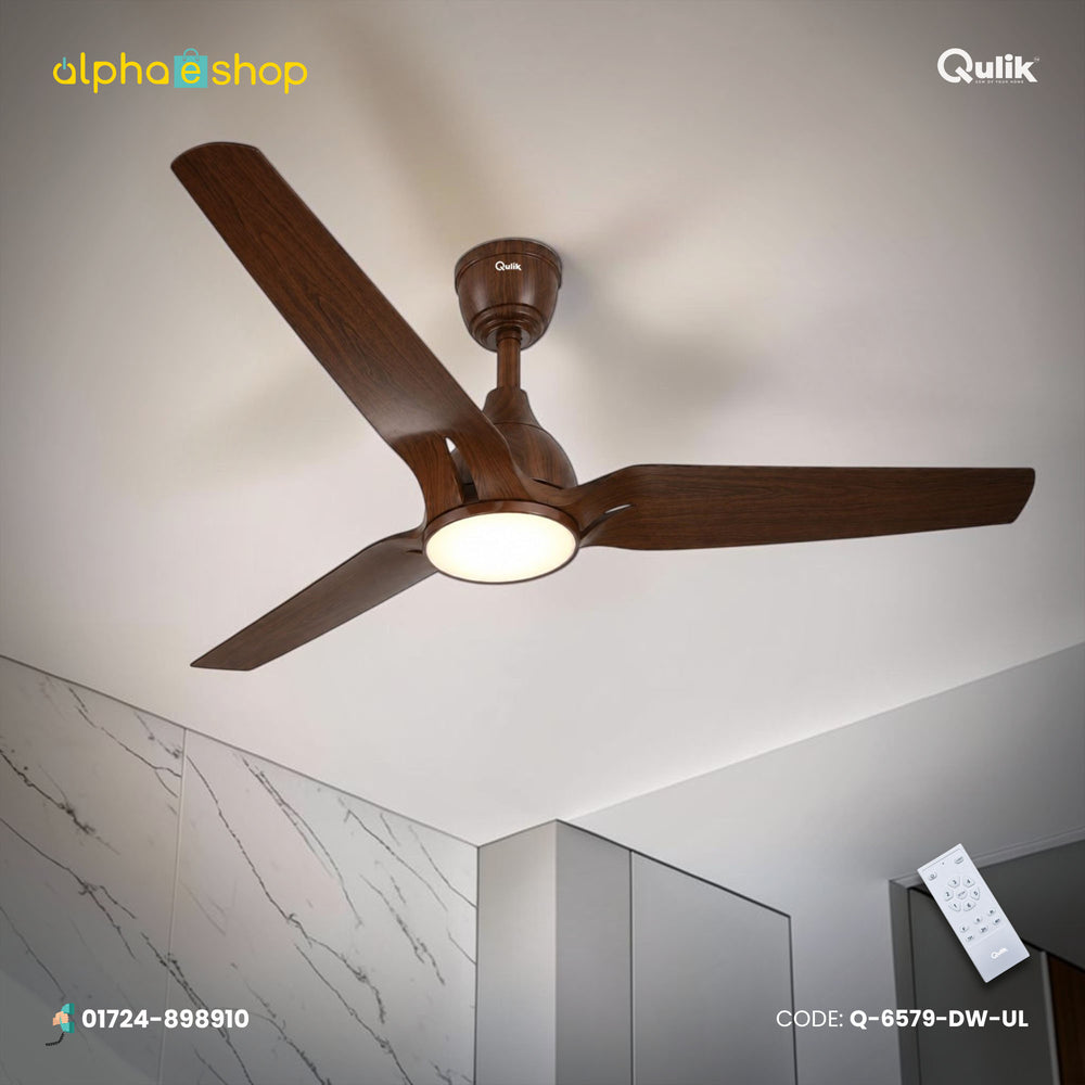 Qulik Nexa 56-inch dark wood BLDC ceiling fan with 3 ABS blades, LED underlight, remote control, silent operation and energy saving.