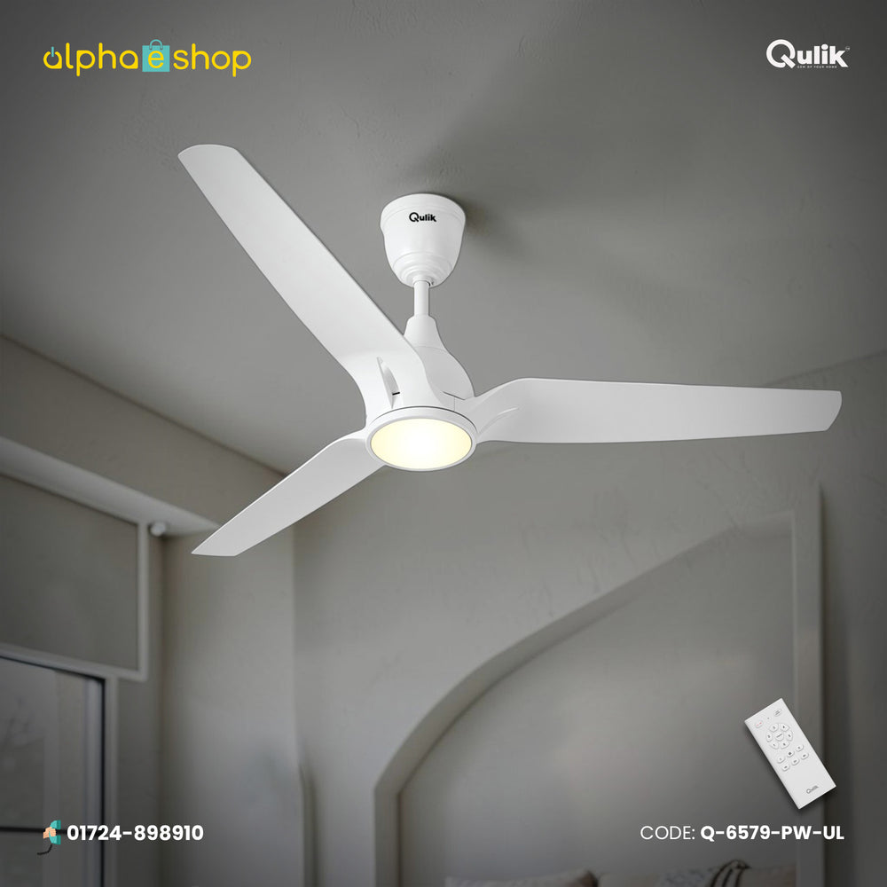 Qulik Nexa 56-inch white ceiling fan with 3 ABS blades, energy-saving BLDC motor, integrated under-light, and remote control.
