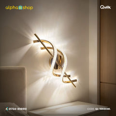 Qulik Nordic modern LED wall light with gold finish, curved crystal loop design and decorative illuminated frame.