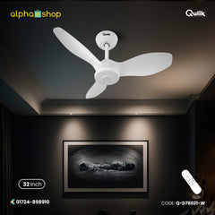 Qulik Spinner Pro 32-inch white BLDC ceiling fan with 3 ABS blades, silent operation and remote control, model Q-D78021-W.